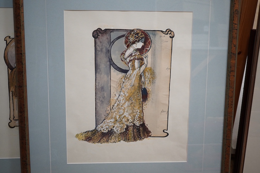 Style of Tim Goodchild, set of four colour lithographs, Full length studies of Edwardian ladies, each with gallery receipts, 45 x 37cm. Condition - good